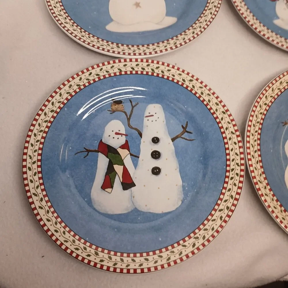 4 Salad Plates Sakura Debbie Mumm 4 Designs Snowman Vintage Stoneware 1997